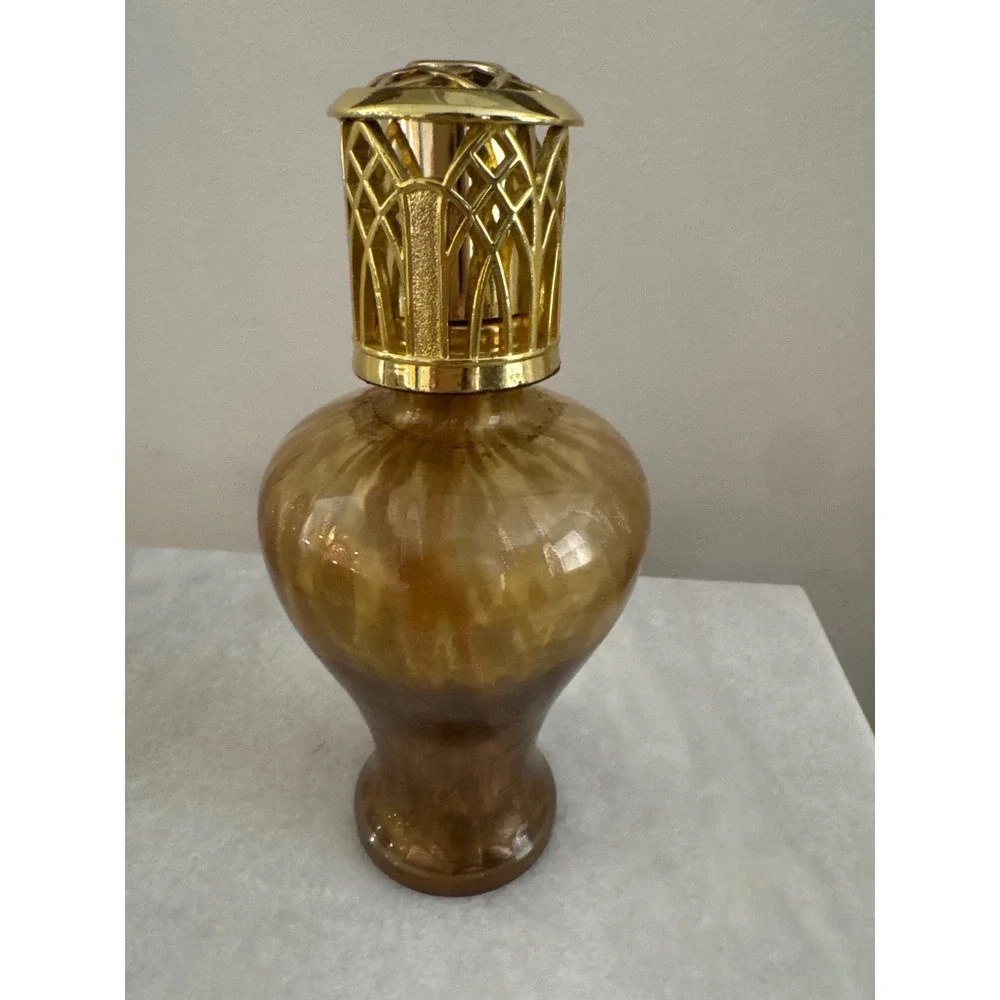 Vintage Amber Marbled Glass Catalytic Fragrance Lamp with Gold Tone Crown Cap